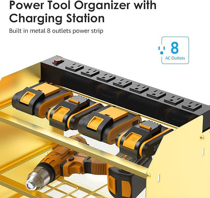 CCCEI Modular Power Tool Organizer Wall Mount with Charging Station. Garage Drill Storage Shelf with Hooks, Heavy Duty Rack, Tool Battery Holder Built in 8 Outlet. Gift for Men. Glod, 1 Pack.
