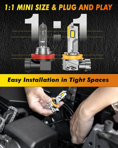 Termitor Upgraded H11 Light Bulbs, 80,000LM 15X Brightness,6500K Cool White, H11 Fog Light, 85K+ Hrs Service Life, True 1:1 OEM Size, IP68 Waterproof, Plug N Play, Headlight Eyebrows, Pack of 2