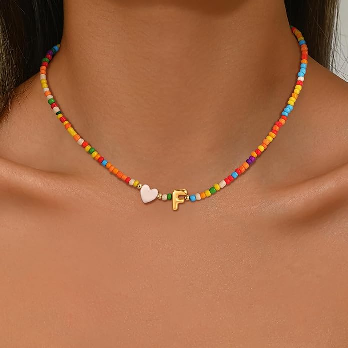 Colorful Initial Necklaces for Girls Women, 14K Gold Plated Bubble Initial Pendant Heart Shell Necklace Jewelry Christmas Gifts for Teen Girls Kids