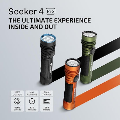OLIGHT Seeker 4 Pro Rechargeable Flashlights, 4600 Lumens High Powerful Bright Light with USB C Holster, Waterproof IPX8 for Emergencies, Camping, Searching (Matte Black Cool White)