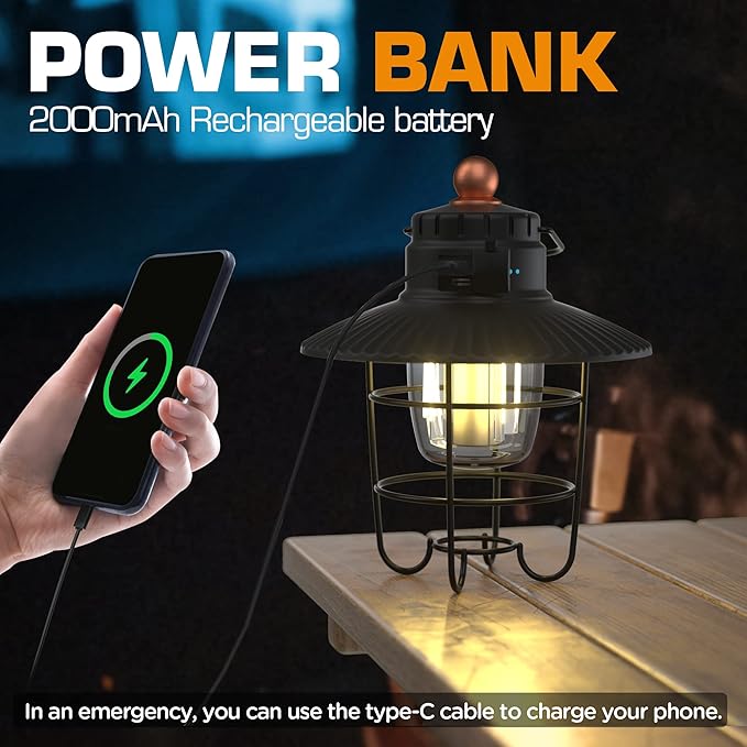 EverBrite LED Camping Lantern, USB C Rechargeable Lantern with 3 Light Modes, Vintage Outdoor Lanterns with Power Bank Function for Power Outages, Hurricane, Emergency, Fishing