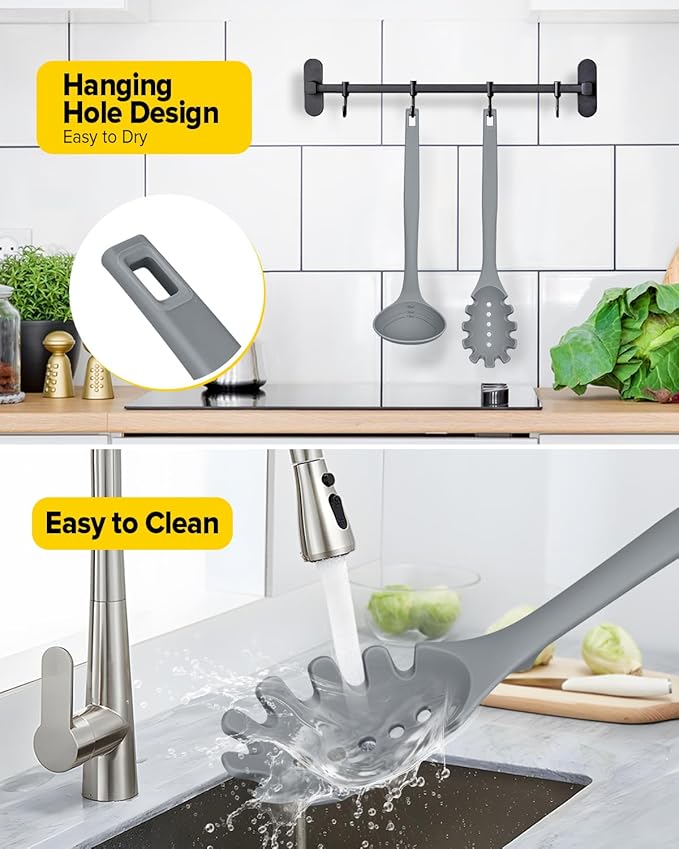 Silicone Pasta Fork and Soup Ladle Set, Heat Resistant Non Stick Kitchen
