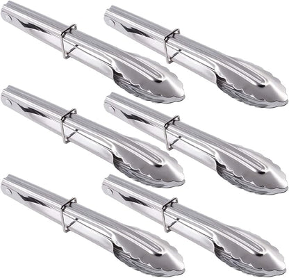 Mini Stainless Steel Food Tongs with Silding Rings 7-Inch - Set of 6 - Small Clam Shell Service Tongs for Serving Appetizers, Desserts, Salads, Barbecue and Cooking (Silver)