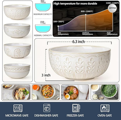 Artena Soup Bowls 32 OZ, Cereal Bowls Set of 4, White Embossment Ceramic Ramen Bowls for Dinner, Salad, Pho, Noodle, Pasta, Snacks, Dishwasher Microwave Safe, 6.3 Inch, Wheat Leaf
