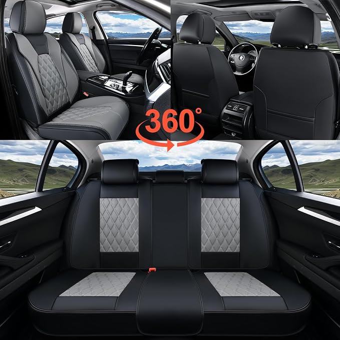 Coverado Car Seat Covers for Cars, Waterproof Automotive Seat Protectors, Leather Car Seat Covers Full Set, 5 Seats Driver Protectors Universal Fit for Cars SUVs, Trucks, Car Accessories - Black&Gray