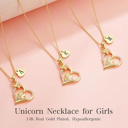 C-leen Unicorn Necklaces Gifts for Girls, 14K Gold Plated Colorful CZ Heart Initial Pendant Unicorn Necklaces for Girls Teens Jewelry Birthday Gifts