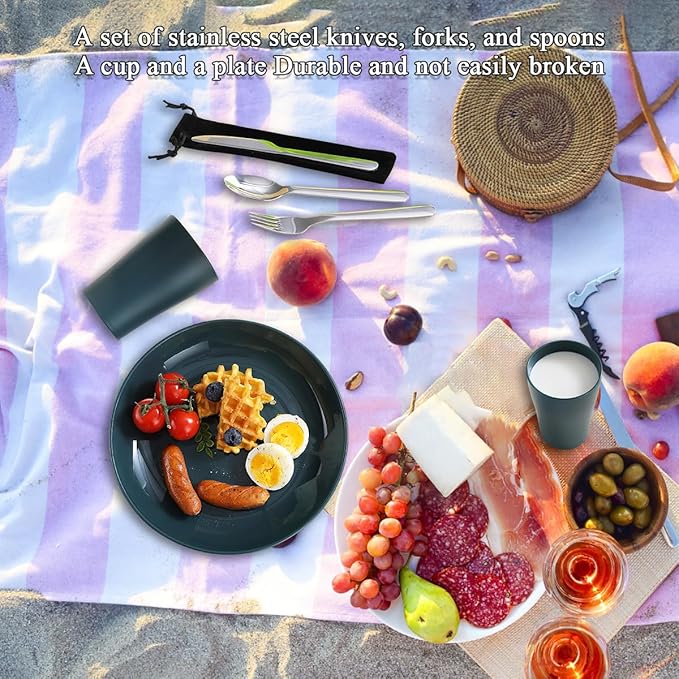 Evanda Camping Cutlery Set, Reusable Light Weight Mug, Plate and Stainless Steel Cutlery Set with Black Bag, Dishwasher Safe