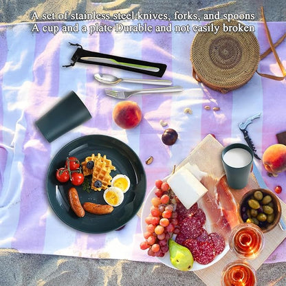 Evanda Camping Cutlery Set, Reusable Light Weight Mug, Plate and Stainless Steel Cutlery Set with Black Bag, Dishwasher Safe