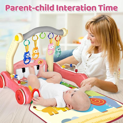 2 in 1 Baby Gym Play Mat with Walker, Kick and Play Piano Gym Activity for Boys Girls, Musical Activity Center Tummy Time Mat for 0-3-6-12-18 Months, Learning Walker Play Gym for Infant Girl Gift(RED)