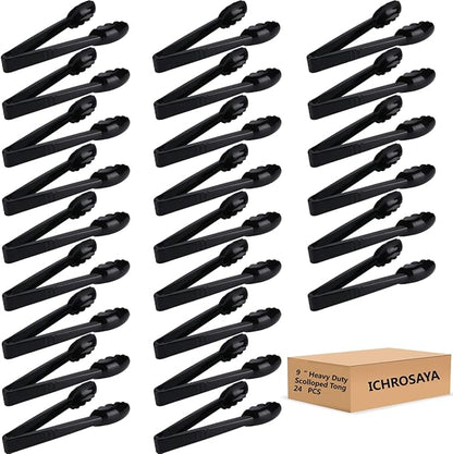 24 Pieces Plastic Salad Tongs, Black Kitchen Serving Tongs, 9 Inch Disposable Utensils Set, Heavy Duty Scalloped, Perfect for Buffets and BBQ, Food Safe Material