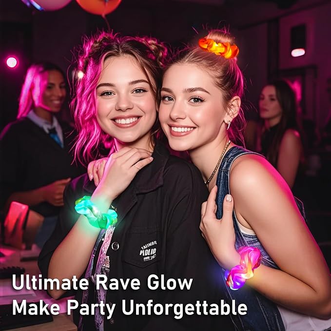 8 PCS Light up Scrunchies for Girls, Glow in the Dark Party Supplies, 3 Glow Mode Satin Scrunchy, LED Hair Accessories for Birthday Party, Rave Party, Festival & Sleepover Party