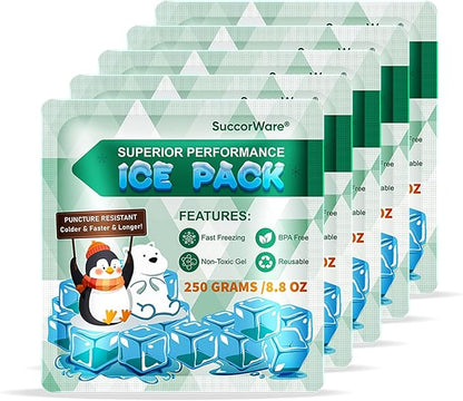 5 Packs Reusable Ice Packs for Lunch Boxes - 12+ Hour Cooling Ice Gel Pack for Camping, Beach, Office - Ice Packs for Cooler Bag, Cooler Backpacks