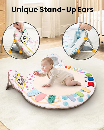 Baby Play Gym, Thickened and Non Slip Activity Mat, 5 Developmental Zones Tummy Time Mat with 5 Detachable Sensory Toys for Motor Skills, Baby Essentials Shower Gift Box(Bear)