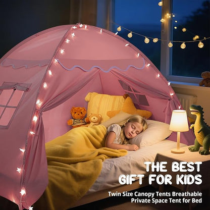 Sumbababy Toddler Bed Tent Canopy: Lights & Flags Indoor Floor Kids Play Tent Playhouse - Portable & Foldable Twin Bunk Bed Curtains - Twin Bed Tent for Girls Gifts (Pink)