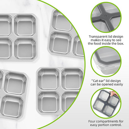4 Pack Stainless Steel Snack Containers with Lids 4 Compartment Lunch Box for Adults & Kids Meal Prep Bento Box Containers Reusable