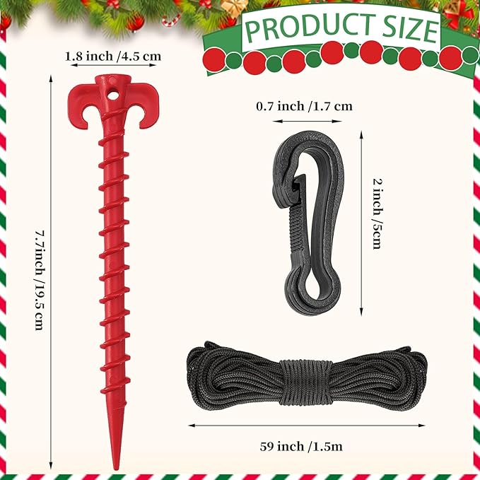 AUGSUN 54 Pieces Plastic Inflatable Stakes Set, Include Tent Stakes, Tethers Ropes and Hooks Heavy Duty Garden Yard Stakes for Christmas Outdoor Decorations Red
