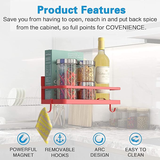 Magnetic Spice Rack Organizer Refrigerator Spice Storage Shelf（Red 2 pack