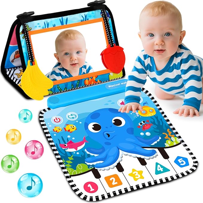 Tummy Time Mat Mirror Toys - Musical Activity Playmat Baby Toys for Newborn - Black and White High Contrast Montessori Sensory Crinkle Toy for Infant 0-3-6-12 Months Babies Boys Girls Shower Gifts