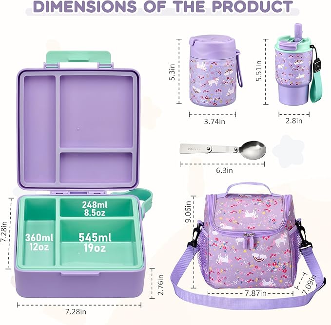 Lunch Box Set with Bento Box Container, 17OZ Stainless Steel Food Soup Thermo, Kids Water Bottle & Portable Insulated Lunch Bag, Leakproof, Hot/Cold Retention for School, Travel (Purple-Horse)