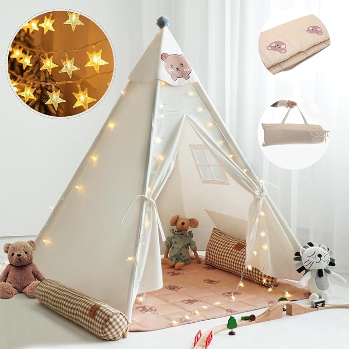 Teepee Tent for Kids-Portable Children Play Tent Indoor Outdoor (White with Mat)