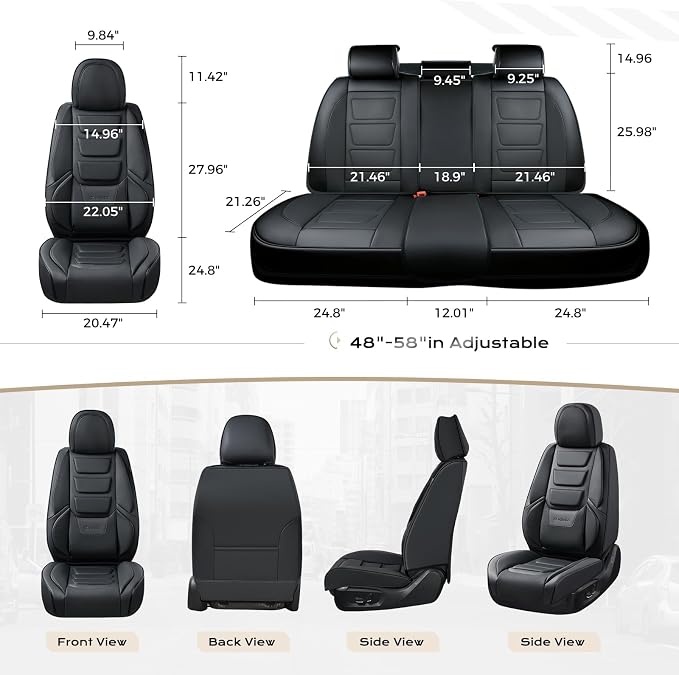 Coverado Car Seat Covers Full Set, Seat Covers for Cars, Front Seat Covers and Back Seat Cover Waterproof Leather Automotive Seat Cover, Universal Car Interior Protectors Cushion for Most Cars Black