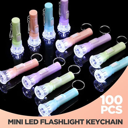 Jexine 100 Pcs Mini Flashlight Keychain Bulk Assorted Colors Torch Keyring Flashlights LED Small Keychain Light Hiking Camping Christmas Party Favors (Macron)