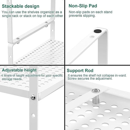 iPEGTOP 2 Pack Large Expandable Cabinet Storage Shelf, Heavy Duty Stackable Steel Metal Spice Rack Adjustable Height Home Office Pantry Garage Shelves for Counter Kitchen Organization, White