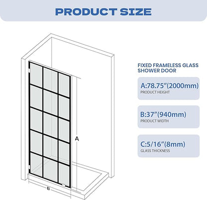 Bathroom Shower Door 37" W x 78.75" H, Frameless Fixed 3/8" Thick Clear