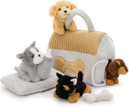 Muiteiur 8-Piece Dog House Plush Set, 9.8 Inch Plush Dog House Set with 4 Puppies, Magic Gate, Bottle, Bed Pad & Bone, Interactive Pet Toy for Kids