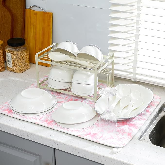 SiliFine 2 Pcs Large Coquette Pink Bow Dish Drying Mat Large