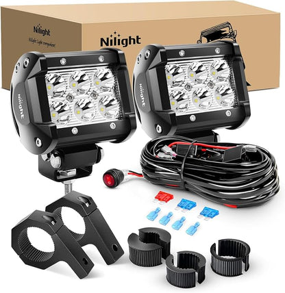 Nilight ZH059 2PCS 4 Inch 18W Spot LED Light Mounting Bracket Horizontal Bar Tube Clamp with Off Road Wiring Harness-2 Leads