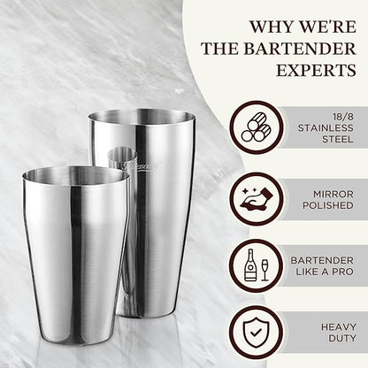 KITESSENSU Cocktail Shaker Set, 2-Piece Boston Shaker Set for Drink Mixing, Premium 18/8 Stainless Steel Martini Shaker for Bartending and Home Bar - 18oz & 28oz, Recipes Booklet Included, Silver