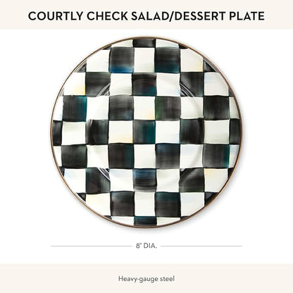 MACKENZIE-CHILDS Enamel Salad and Dessert Plate, Small Plate for a Dessert or Appetizer Dish, 8 Inches, Black-and-White Courtly Check
