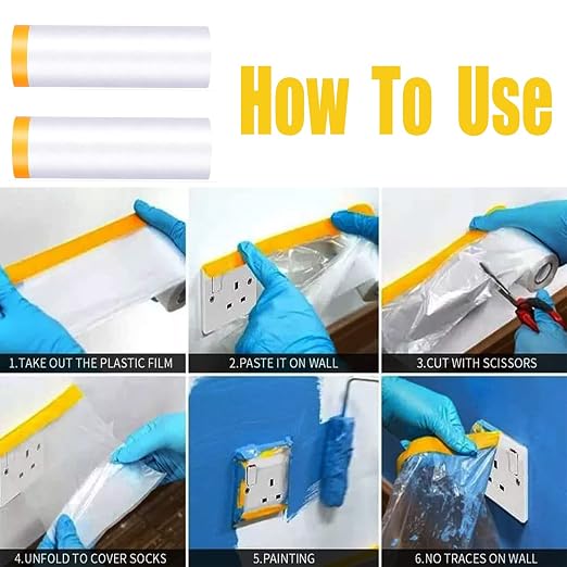 Painters Plastic With Tape, Pre-Taped Masking Film, 4 Rolls Automotive Best Tape and Drape, Paint Adhesive Protective Film Roll for Covering Skirting, Frames, Cars and Auto Body (5 X 65-Feet)
