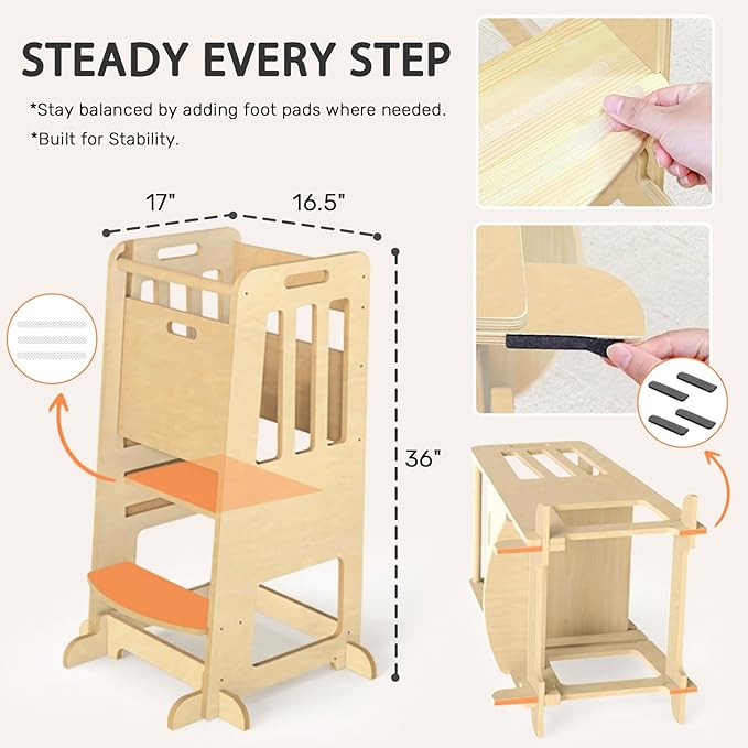 WINGYZ Toddler Kitchen Stool – Adjustable Helper Tower for Kids with Safety Rail, Wooden Standing Step-Up Stool, Sliding Door & Stable Base, Natural Wood