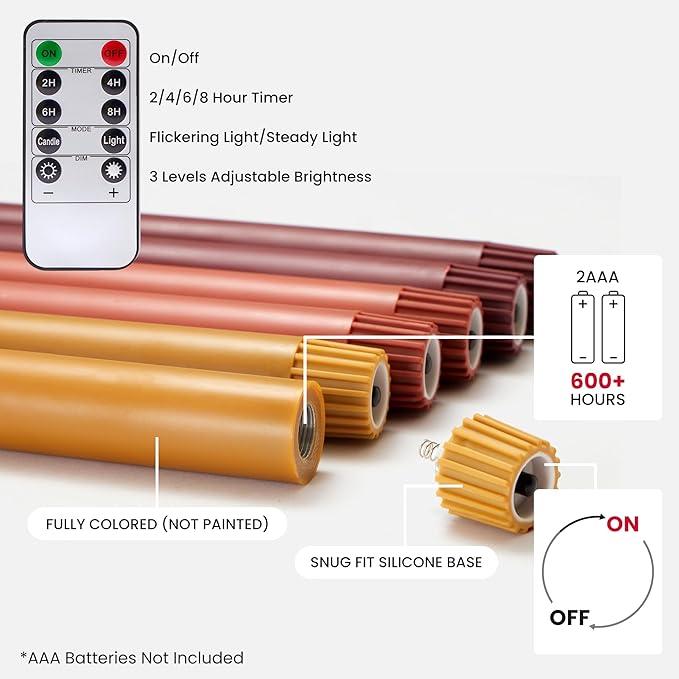 Fall Flameless Taper Candles with Remote and Timer, 10" 6pk LED Candlesticks, Battery Operated Thanksgiving Candles with 3D Flickering Flame, Bordeaux, Terra Cotta & Caramel (Autumn Harvest)