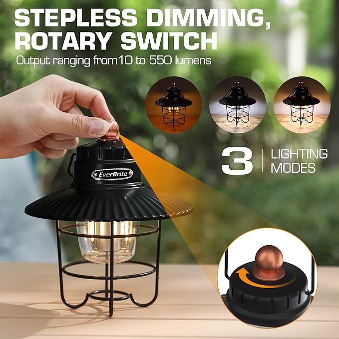 EverBrite LED Camping Lantern, USB C Rechargeable Lantern with 3 Light Modes, Vintage Outdoor Lanterns with Power Bank Function for Power Outages, Hurricane, Emergency, Fishing