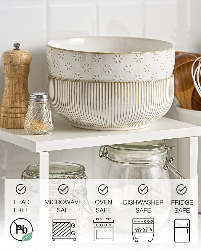 getstar Large Serving Bowls (8 inch & 60 fl oz), Ceramic Salad Bowl Set of 2, Microwave and Dishwasher Safe, Farmhouse Kitchen Decorative Bowls Set (Embossed Stripes & Stars)
