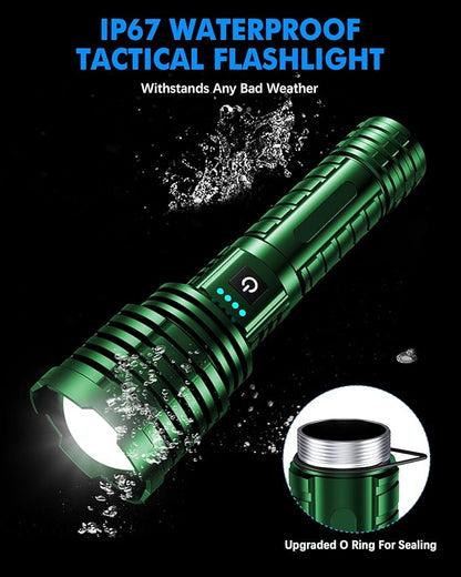 Super Bright Rechargeable LED Flashlights 5000.000 High Lumen, Flashlight Up to 25H Long Battery Life| Zoomable| 5Light Modes| IP67 Water Resistant, Tactical Flashlight for Camping (Green)