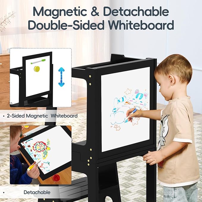 4 in 1 Kitchen Step Stool Helper for Toddlers, Toddler Learning Standing Tower with Whiteboard 2 in 1 Convertible Table and Chair, Widened Platforms for Little Ones Kitchen Counter Bathroom Sink