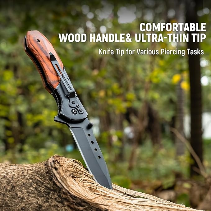 Pocket Knife for Men - 3.46" Sharp Blade Wood Handle Pocket Folding Knives with Clip, Glass Breaker - EDC Knives for Hunting Camping Survival Outdoor Fishing Hiking Women Men, Black