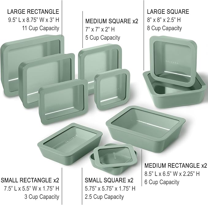 Ceramic Coated Glass Food Storage Containers | No PTFE, PFOA, PFAS, and BPA | Reusable Non Toxic Meal Prep Containers with Glass Lids | Easy To Store | 10 Piece Set [Willow]