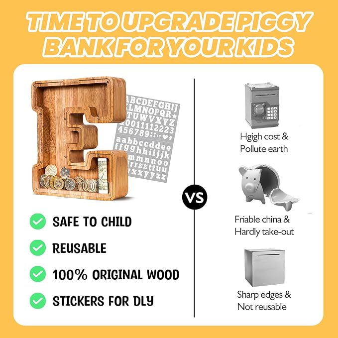 KMC Wooden Letter Piggy Bank, Personalized Initial Piggy Bank for Kids Boys, Clear Alphabet E Wood Money Box, Unbreakable Coin Saving Jar, Birthday, for Children