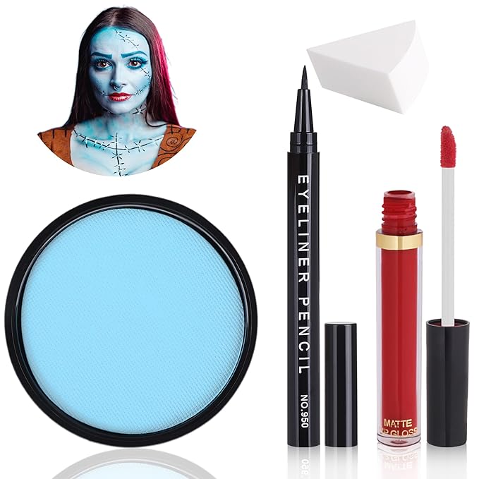 4 Pcs Sally Makeup Kit,Corpse Bride SFX Halloween Baby Blue ,Water Activated Face Paint Makeup Kit,Sally Face Costume Women Cosplay,Light Blue Body Paint+Eyeliner+Lipstick+Sponge
