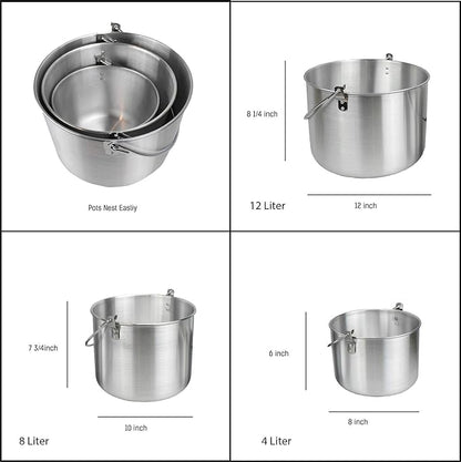 AceCamp Nested Pot Aluminum Lightweight Cooking Pot Set Outdoor Large Stock with lid and folding handle - 4L,8L,12L