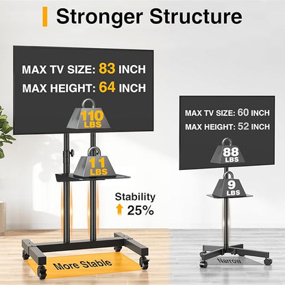 TVON Rolling TV Stand for 32-83 inch Flat Screen/Curved TVs up to 110 lbs