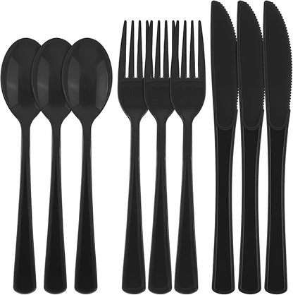 300 Pieces Black Plastic Silverware Heavy Duty Plastic Cutlery Set Heavyweight Disposable Flatware Includes Spoons Forks Knifes for Birthday Party Prom Night Wedding Dinner