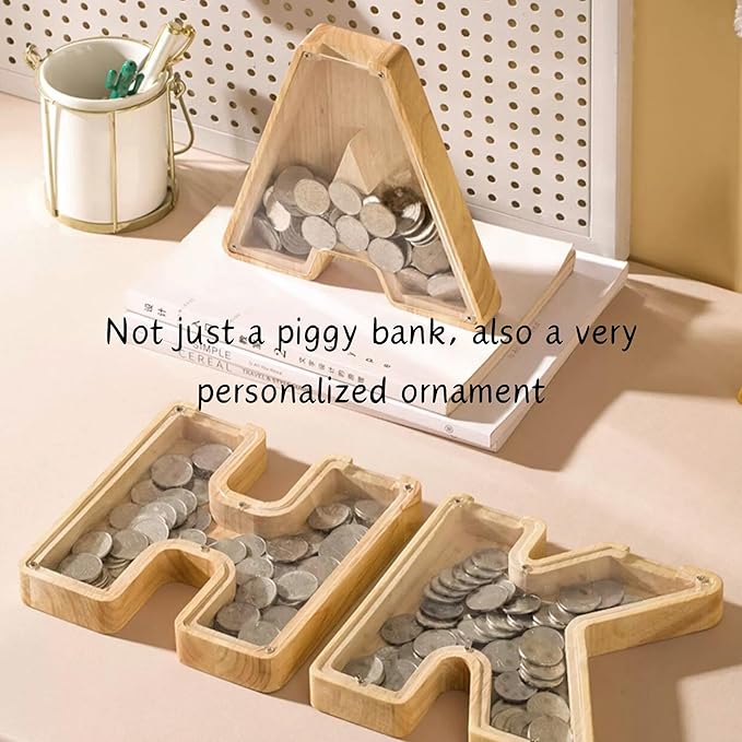 Wooden Alphabet Piggy Bank Clear Acrylic Panel Coin Savings Box Personalized Money Bank for Kids Boys Girls Adults, Birthday Home Décor(K)