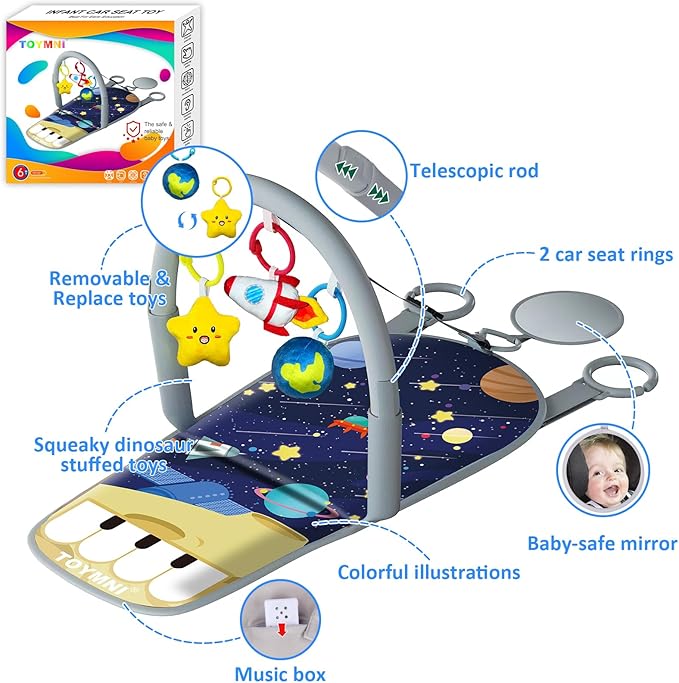 Car Seat Toys for Baby Infant 6 Months and Up, Carseat Toys with Musical Pedal Piano, Baby Mirror and Hanging Squeaky Sensory Soft Baby Toys 6 to 12 Months, Baby Car Toys Rear Facing