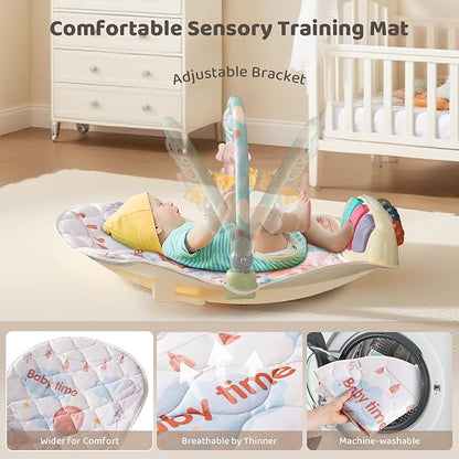 Baby Play Gym Mat with Multifunction Piano Music Box, Rocking Egg-Shaped Baby Activity Gym, Baby mat for floor with 4 Hanging Sensory Baby Toys, Early Sensory Development Play Mat for Infant & Newborn